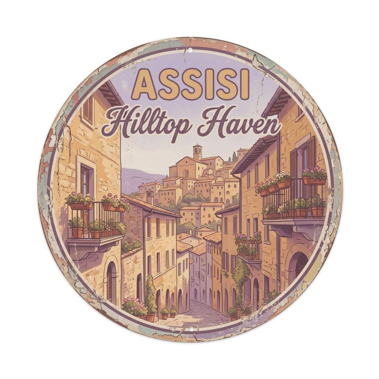 Fqcyn Style Vintage Travel Assisi Oldtown Italy Metal Tin Sign Plaque Wall Decor For Cafe, Club Bar, Office, Home Garden Round Metal Poster 8X8inch