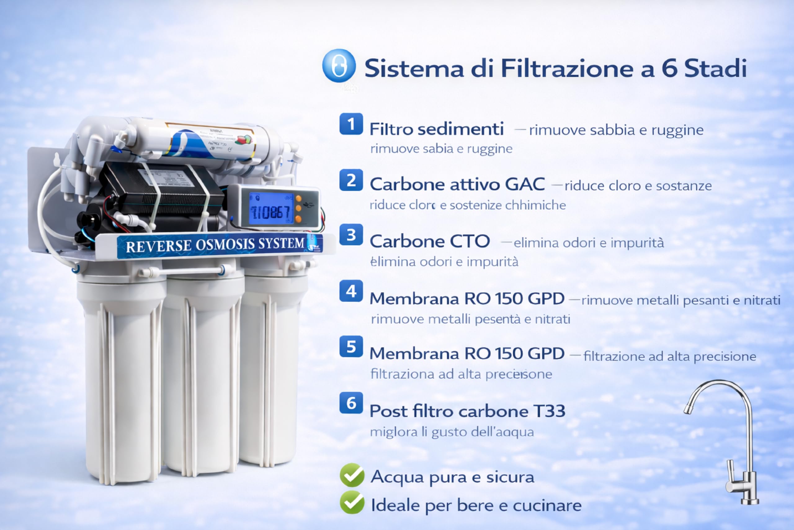 Depuratore Acqua Osmosi Inversa 6 Stadi filtri | Purificatore domestico acqua potabile dal rubinetto di casa