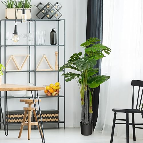 Miniatura 8 de Goplus Planta artificial Monstera Deliciosa de 4 pies, palmera tropical falsa con 20 hojas grandes, maceta de cemento, musgo realista, planta de