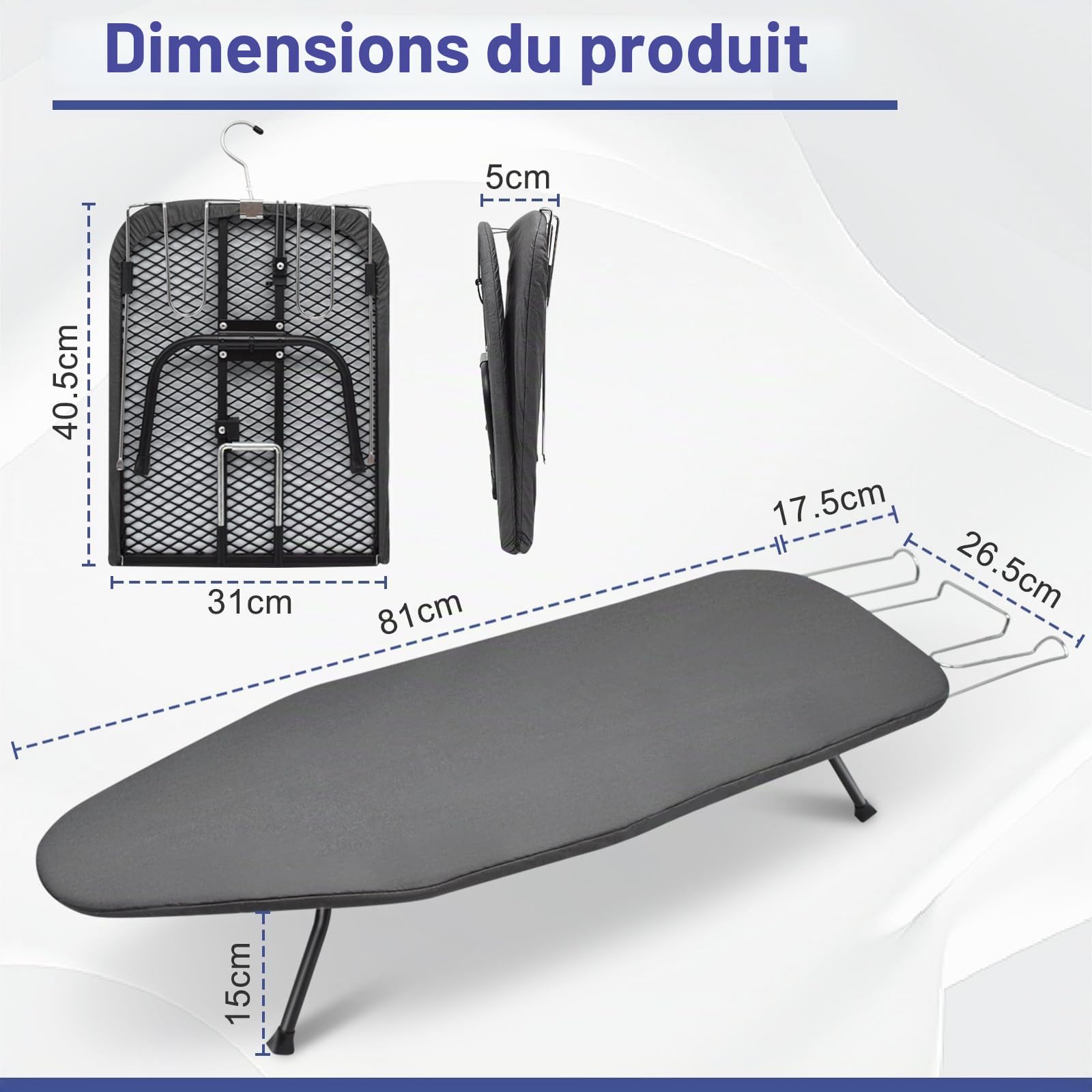 Table à Repasser avec Porte-Fer, Planche Repasser Pliable avec Housse Coton, Maille Métallique, Pieds Antidérapants, pour Fer Vapeur Domicile Voyage, Gris Foncé