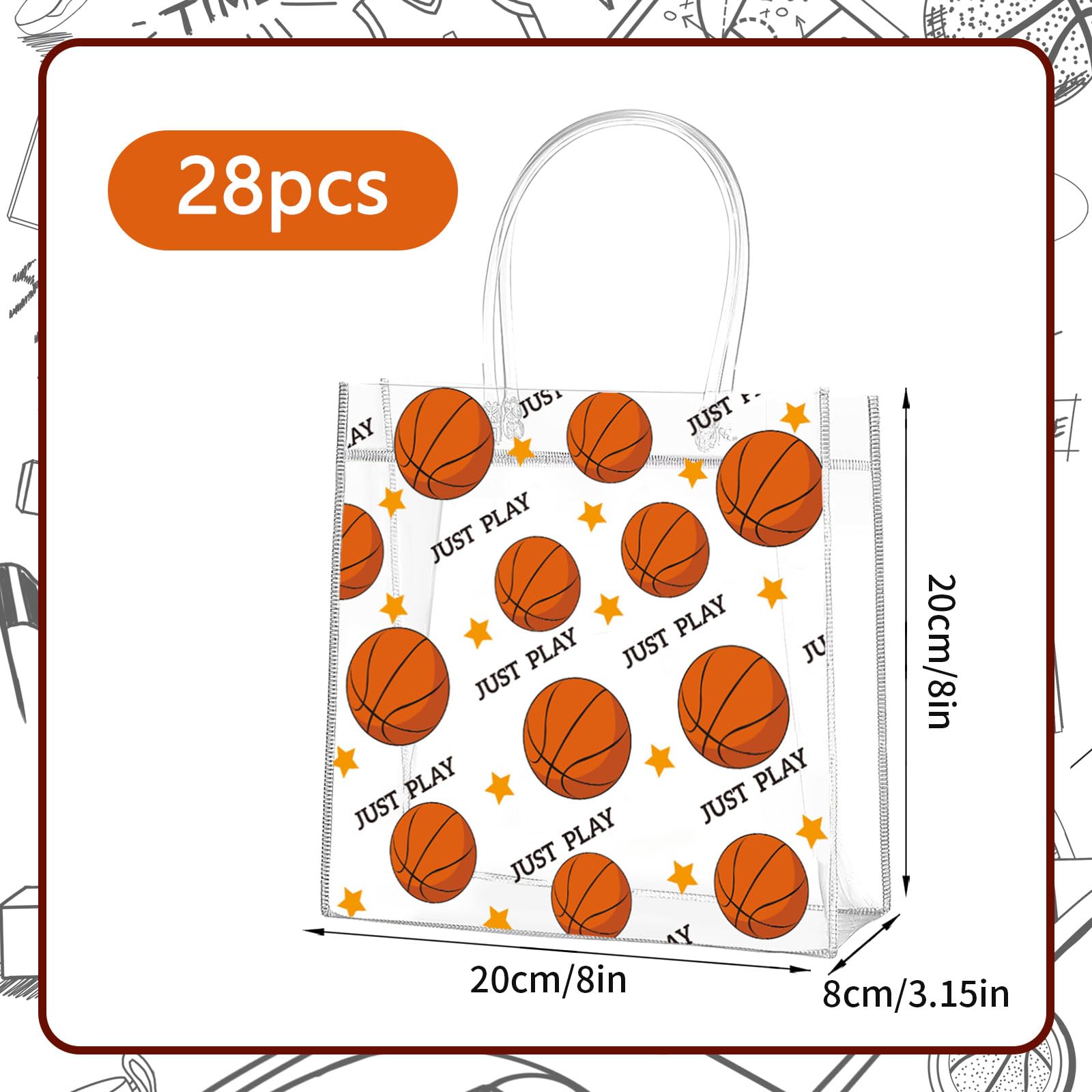 AUGSUN Basketball Themed PVC Clear Tote Bags, 28 Pack Basketball Gift Bags with Handles, Sport Snack Bags for Party Favors, Snacks, and Sports Events