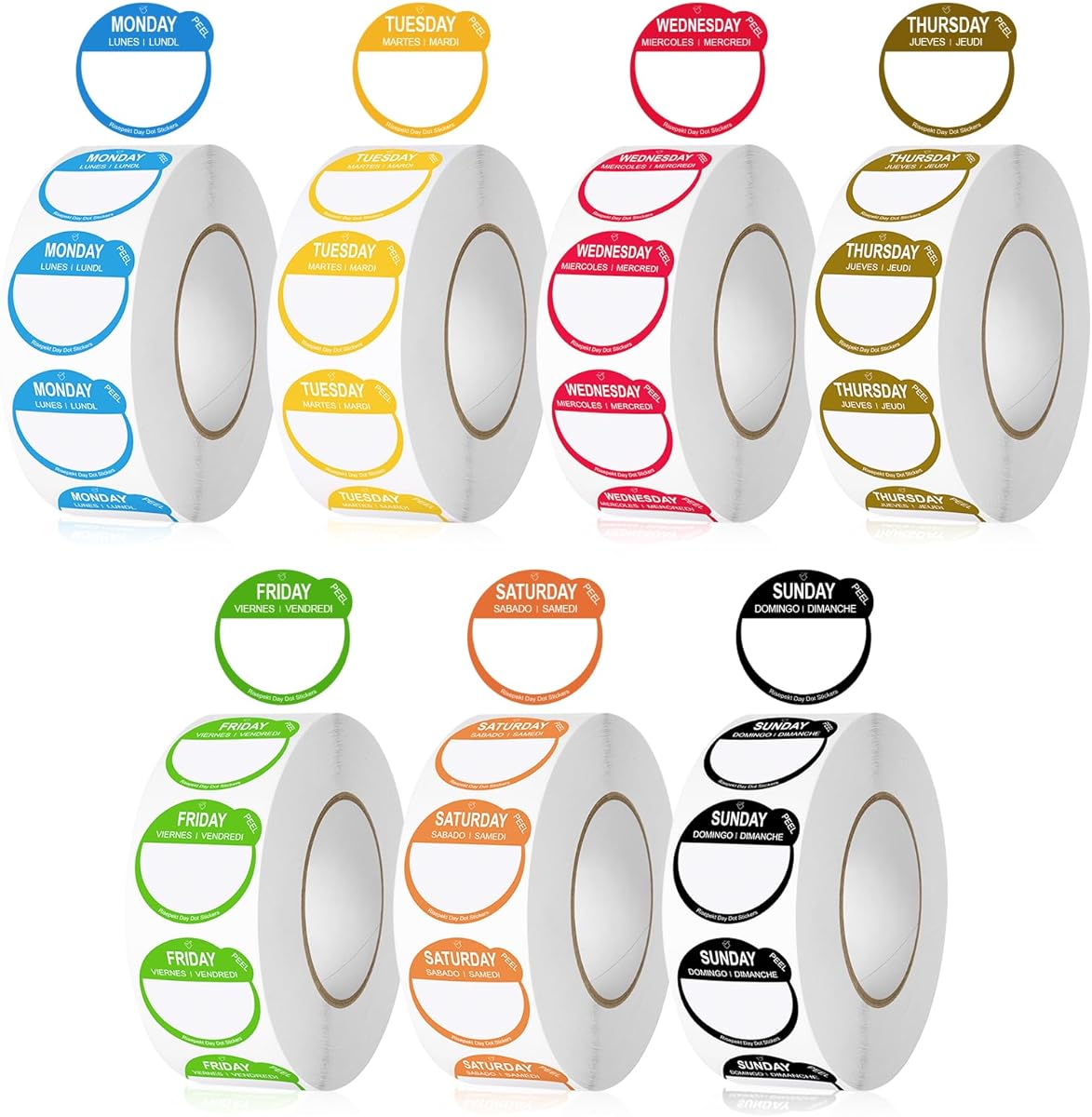 7000 Pcs 1 Inch Risepekt Removable Day Dots Food Labels (Monday-Sunday) 【English Español Français】, Easy to Peel Day of The Week Labels for Restaurant Kitchen Containers, Self Adhesive Date Stickers