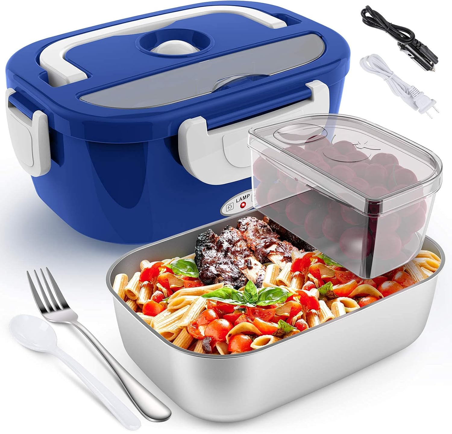 Electric Heated Lunch Boxes Adults,80W Faster Food Warmer, Lonchera Eléctrica Portátil 1.8L +1L Double Layer Leak-Proof Heated Lunchbox for Car/Truck/Office/Home With Fork & Spoon&Bag&0.45L Fruit Box