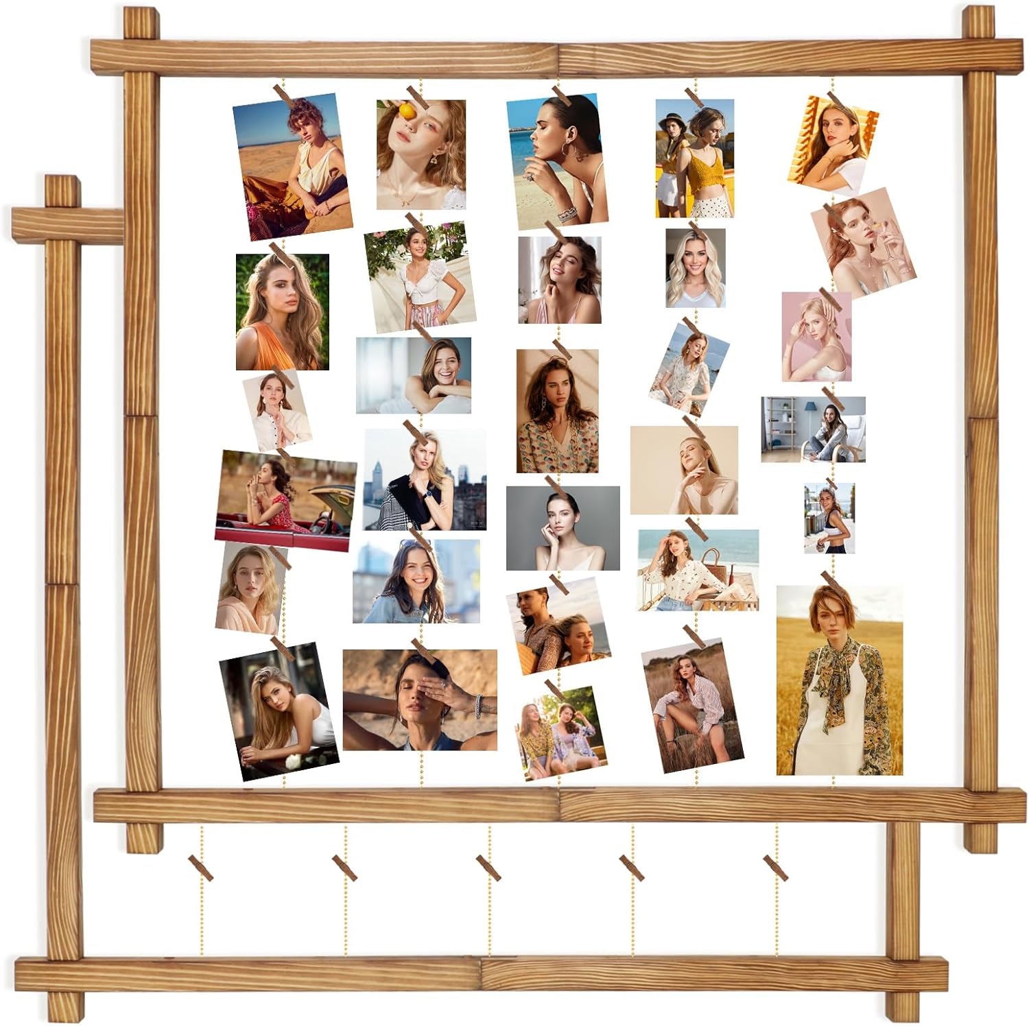 Wood Picture Frames Collage,Photo Display With 30 Clips,Hanging Picture Board Wall Decor for Graduation Letter Postcard Greeting Card Organizer,Pine,Adjustable Bead String,2 Pack,(Carbonized Brown)