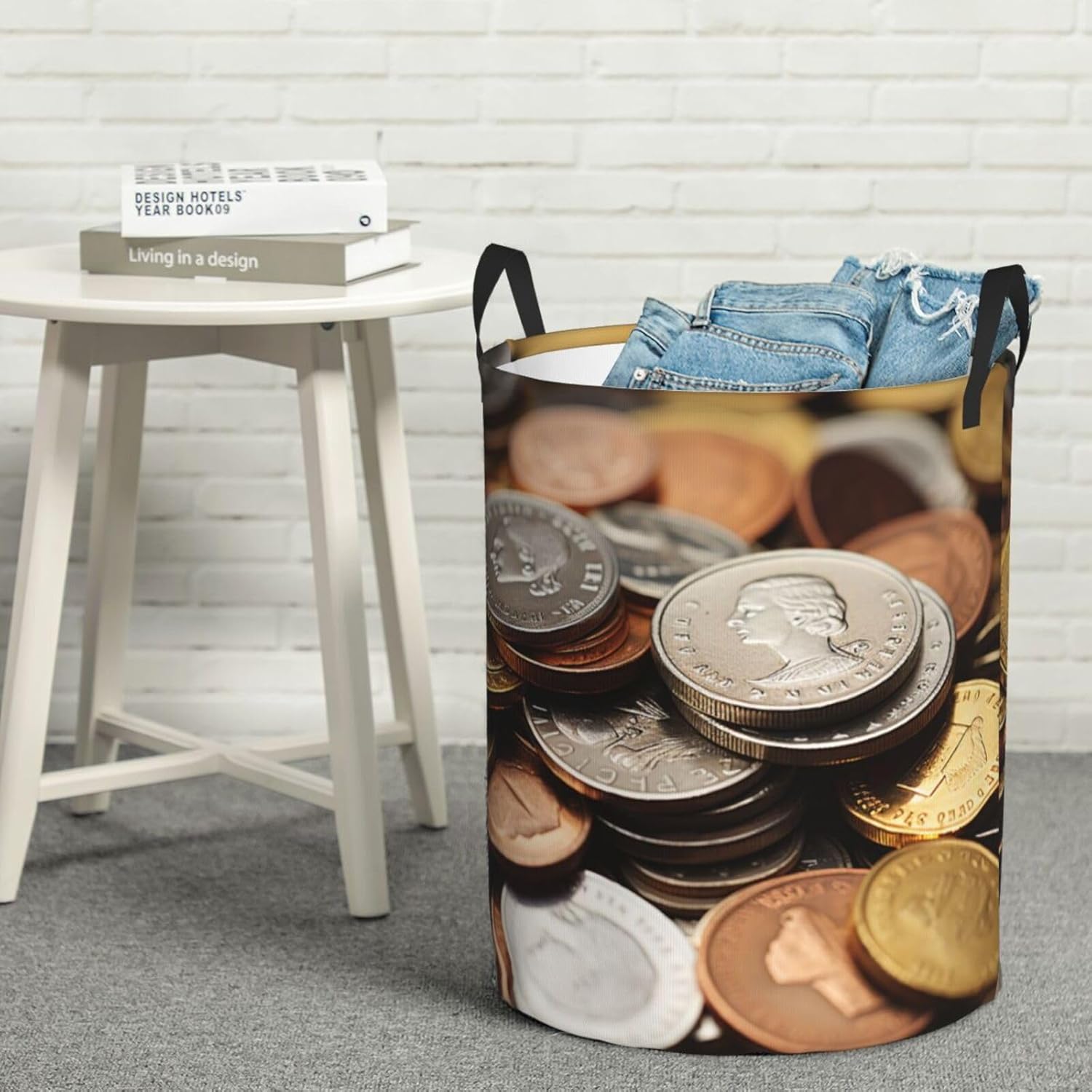 Currency Coin Laundry Basket With Handles, Foldable Laundry Hamper Oxford Cloth Dirty Clothes Basket Waterproof Clothes Toys Storage Bin Organizer for Bedroom Bathroom Dorm