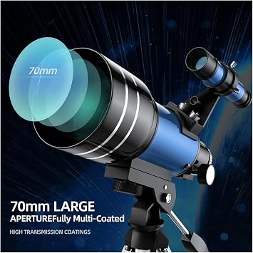 Tripod Telescope for Beginners, 150X Magnification Capacity, 70mm Lens Aperture, 300mm Focal Length, High Definition Image, Astronomical Telescope for Kids and Adults