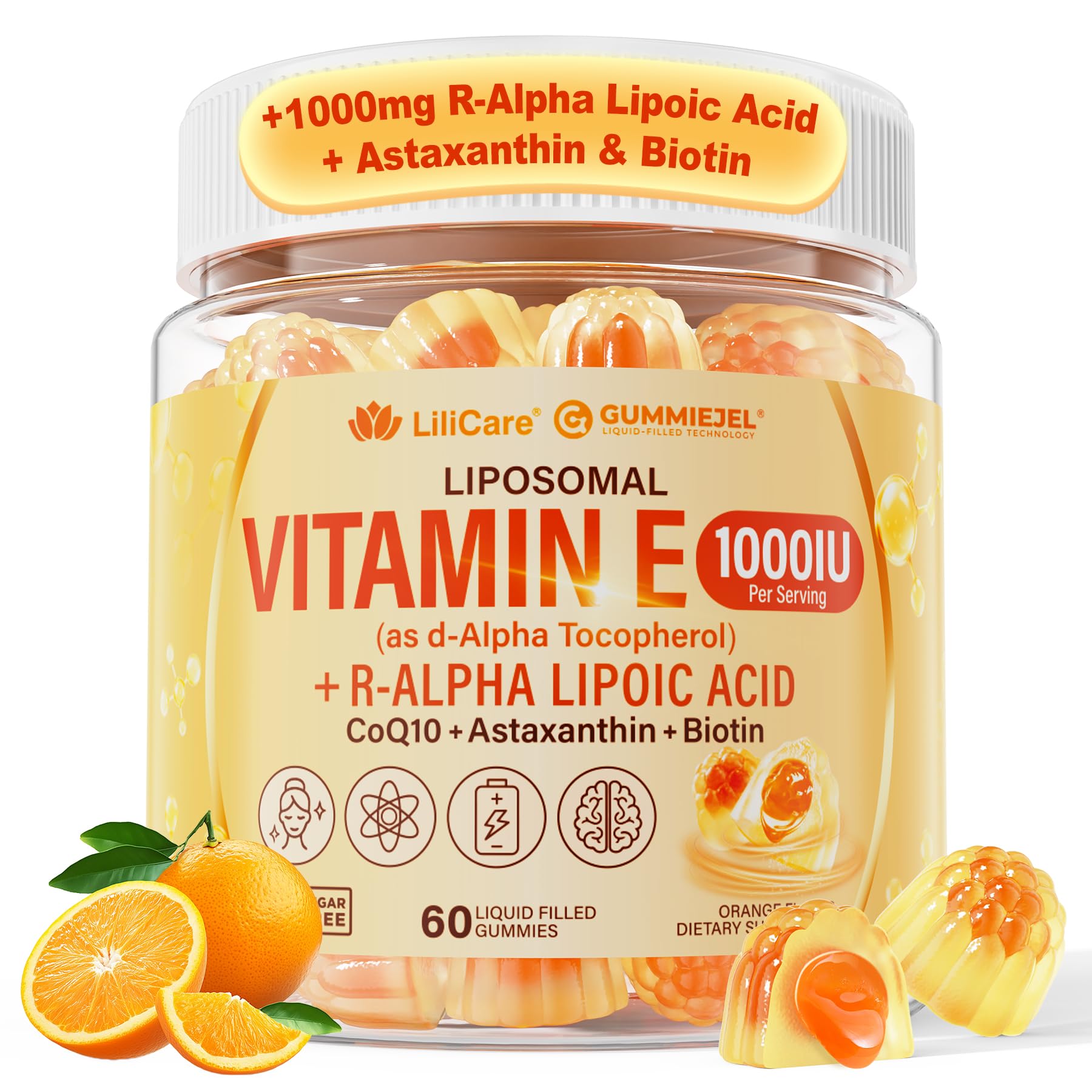 Natural Liposomal Vitamin E 1000 IU Gummies(450mg d-Alpha Tocopherol)60 Ct