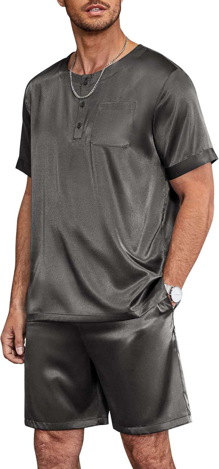Ekouaer Men Silk Pajamas Set 2 Piece Pjs Soft Satin Sleepwear Shorts Button Down Tops Loungewear with Pockets