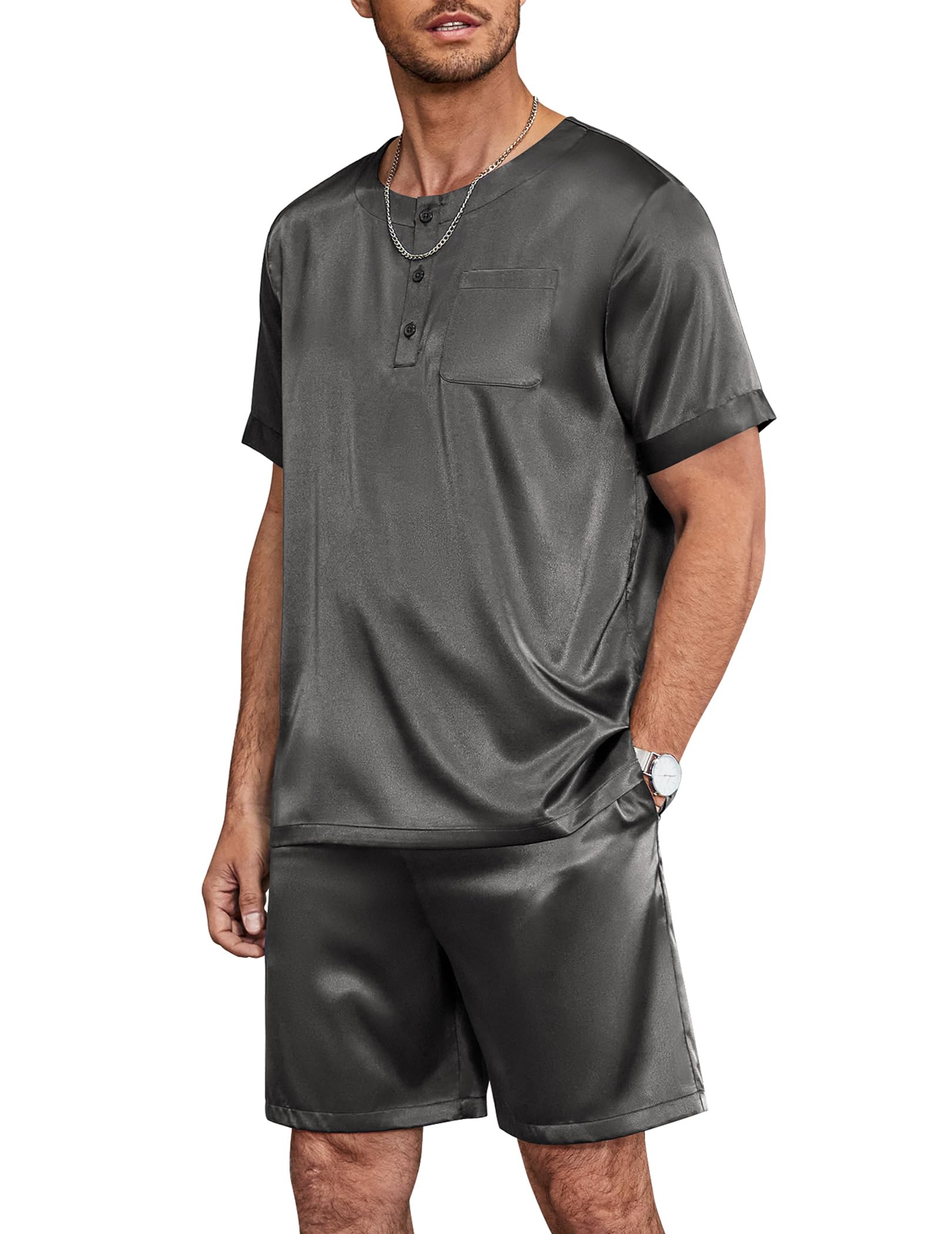 Ekouaer Mens Pajamas Set Silk Satin Pjs Sets Summer Short Sleeve Button Down Sleepwear 2 Piece Loungewear with Pockets