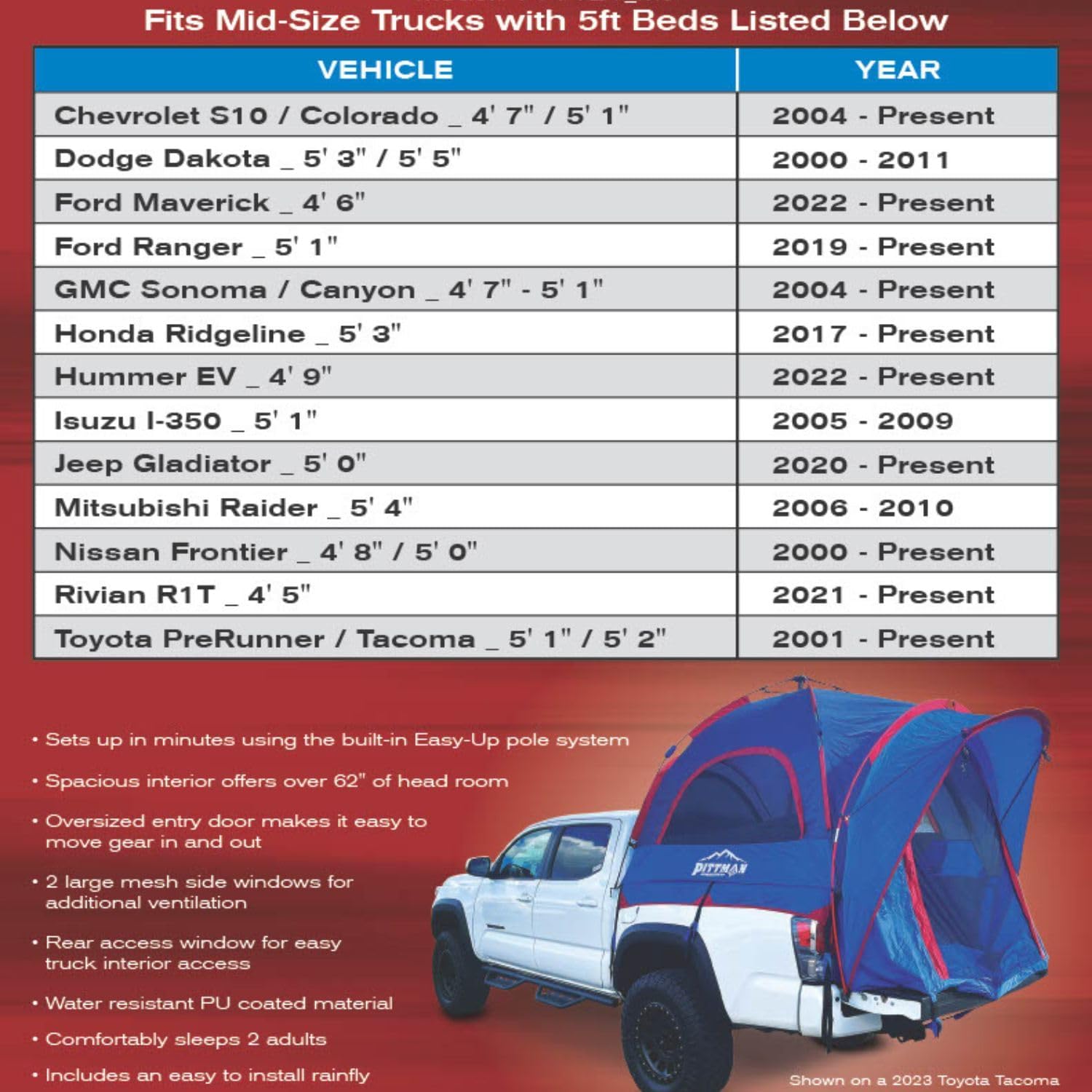 Pittman - Truck Bed Tent with EZ-UP Design - Truck Tent for Camping - Includes Rain Fly, Extra Wide Entry, Oversize Air Mesh & Porch Cover - Premium Truck Bed Camper