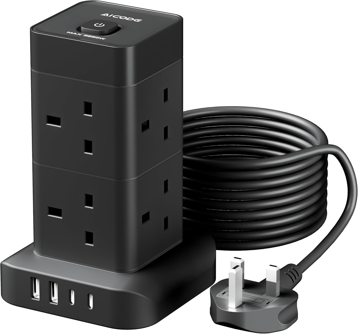 AICODE Tower Extension Lead 3M with 4 USB Slots,8 Way Plug Extension Socket Tower with 2 USB C and 2 USB A Ports,Overload Protected,3M Extension Cable,Power Strip with Switch for Home Office 3250W