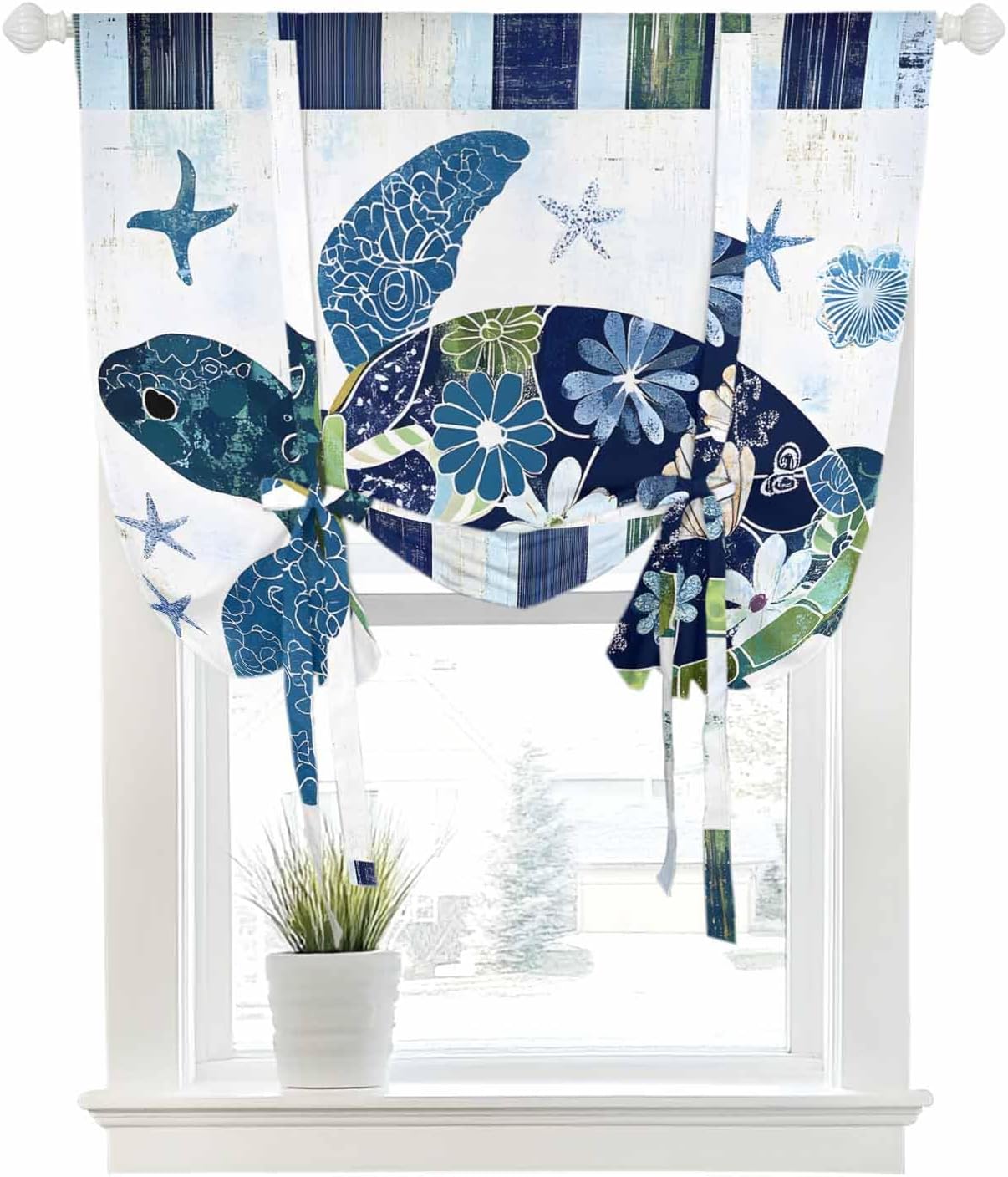 Tie Up Curtain for Windows Floral Turtle Balloon Window Shades for Bedroom Bathroom Adjustable Rod Pocket Blue Stripes Starfish Window Treatment Curtains Valance for Kitchen 52" W x 63" L