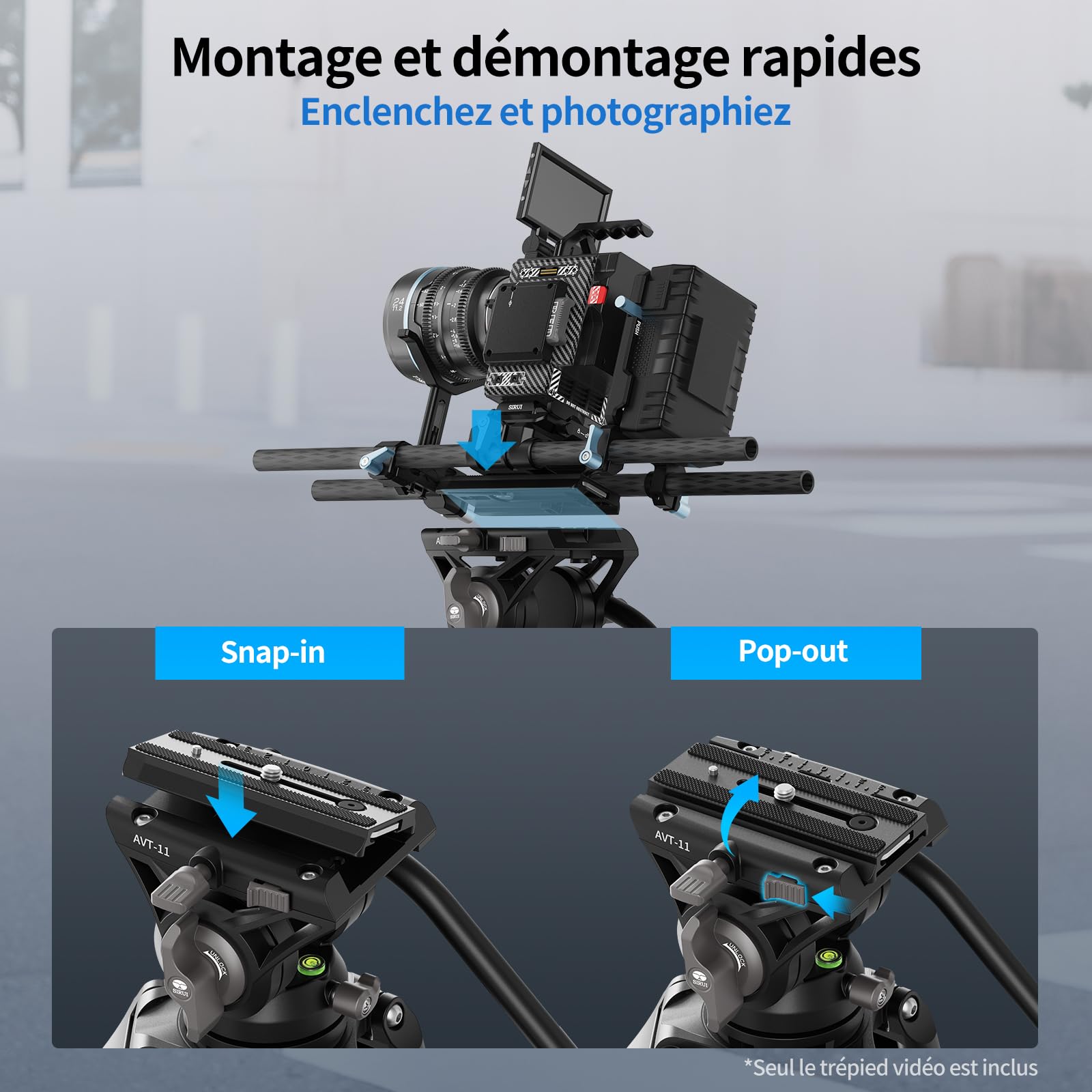 SIRUI Trépied Vidéo 73 Pouces Avec Tête de Fluide, Mécanisme de Libération Rapide, Robuste Pour Appareil Photo Reflex Numérique, Caméscope à Charge Utile de 10 KG (AVT-11)
