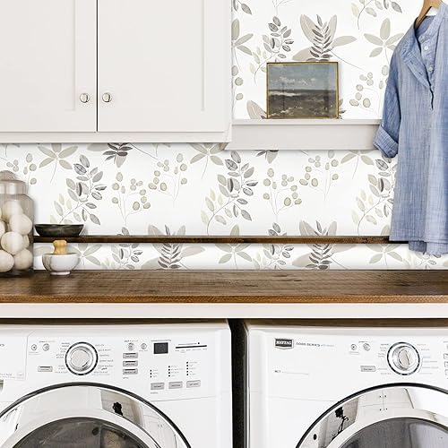 Miniatura 4 de Caltero Papel tapiz de hojas de color beige floral para despegar y pegar, 17.3 x 98.4 pies, papel tapiz de hojas de eucalipto verde oliva, papel de