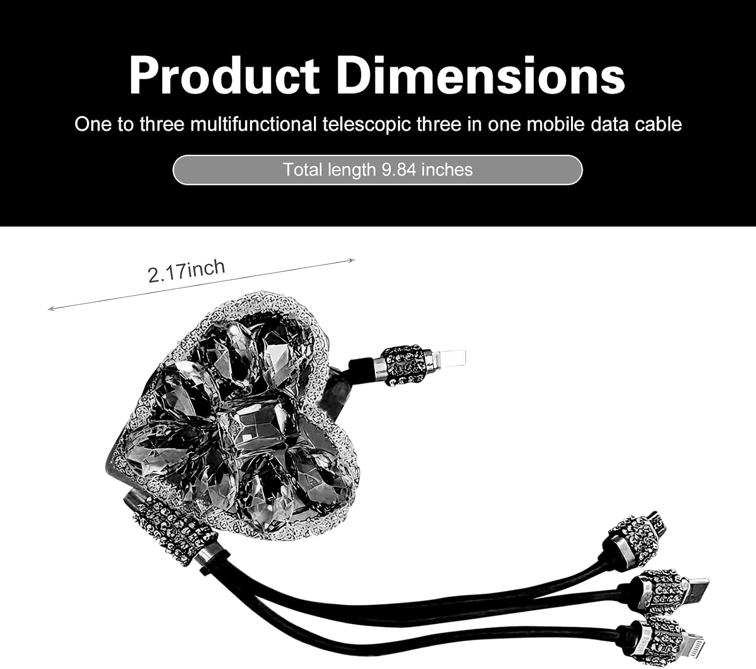 Heart-Shaped Car Charger Cable, 3-in-1 Rhinestone Retractable Car Charging Cable with 3 Connectors, Rhinestone Retractable Auto Charger Cables, Compatible with Phones and Tablets(Black)