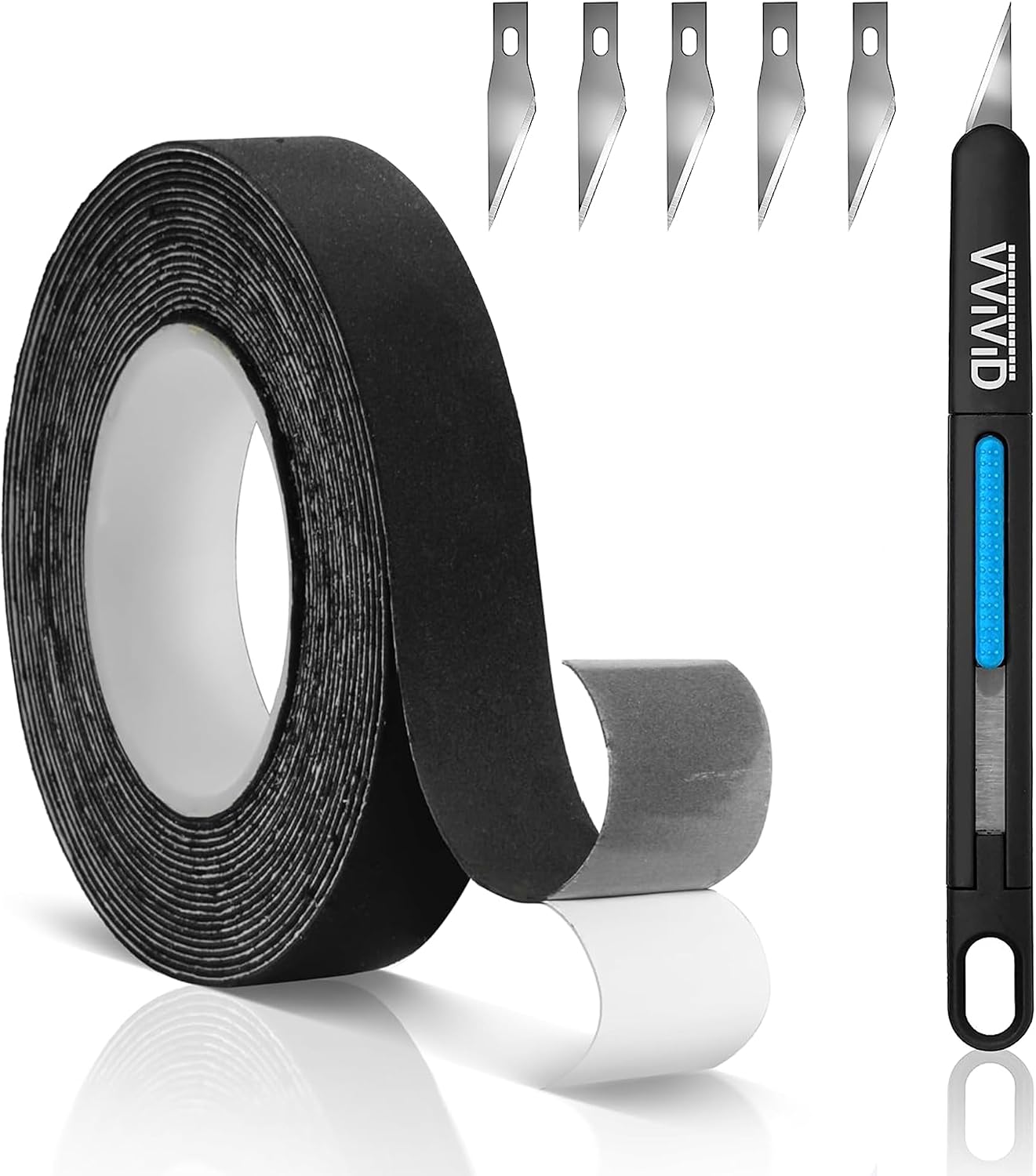 VViViD Black Felt for Vinyl Wrap Squeegees (1" x 25ft) Bulk Tape and Precision Gliding Knife wth 5 Replacement Blades Bundle - M0