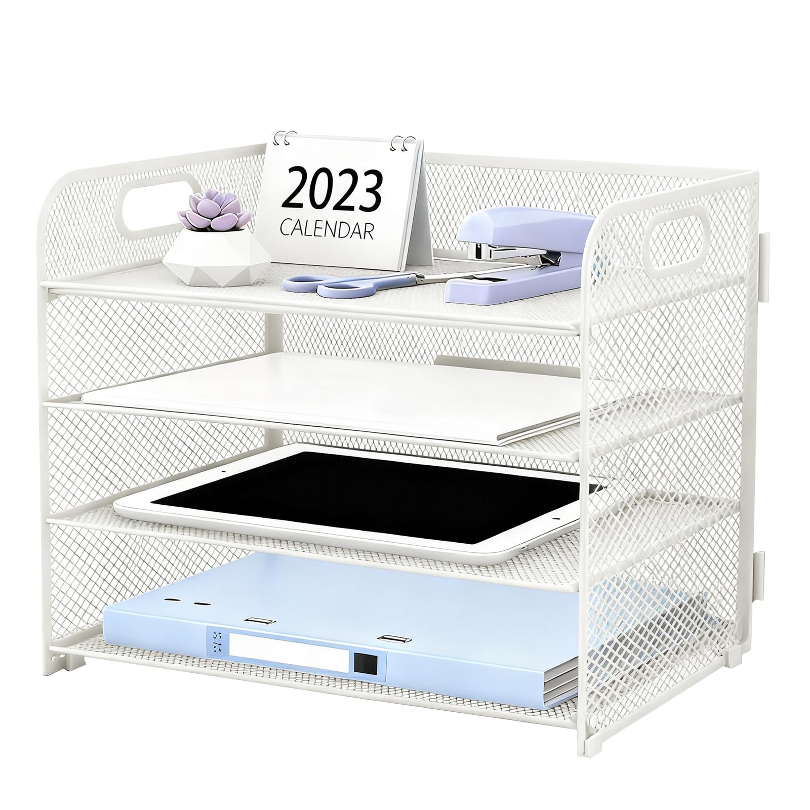 Eidoct White Mesh Desk Organiser Letter Tray, 4 Tier Letter Paper Tray With Handle, Paper Organizer For A4, For Desk Office Home A4 File Document Storage (White)