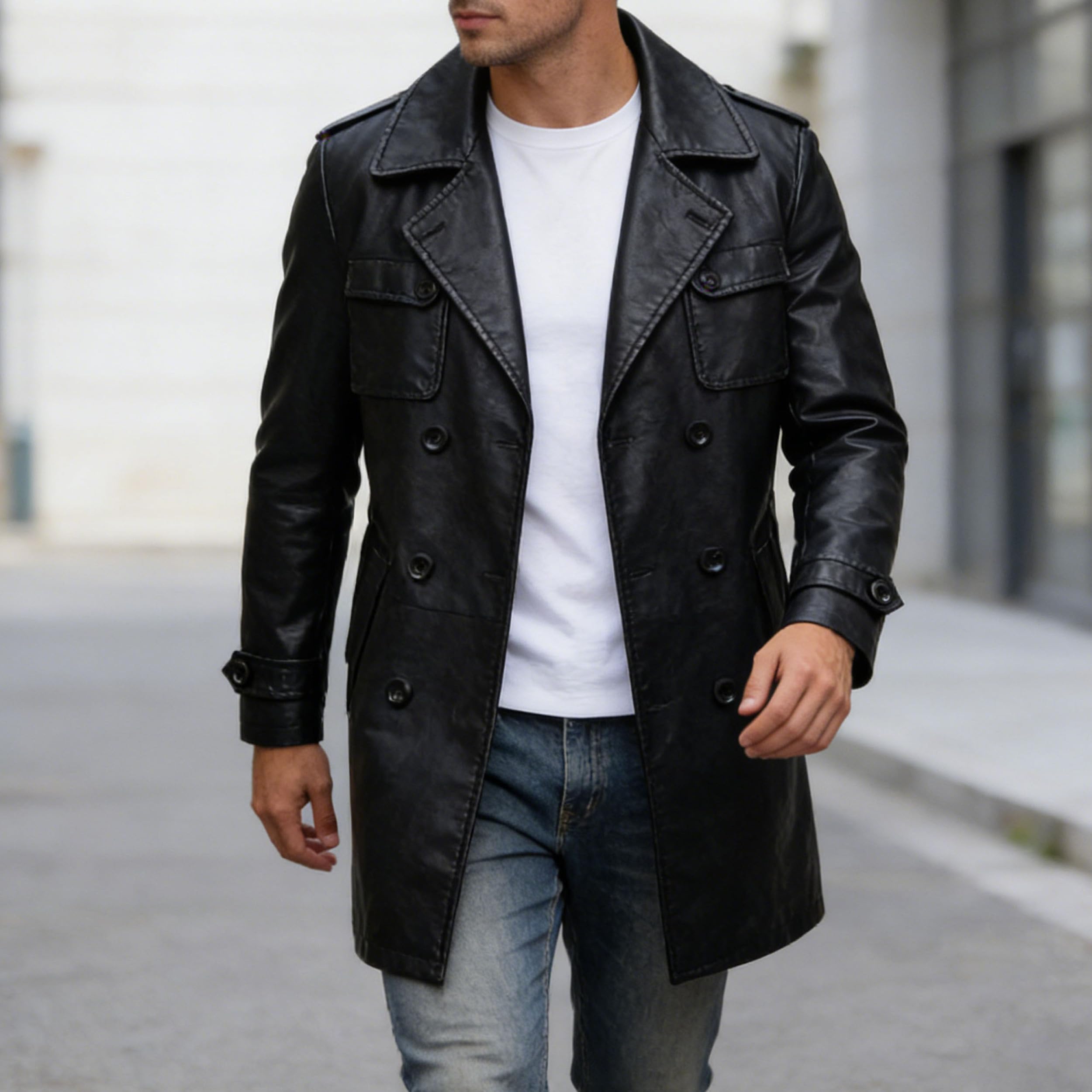 Chaqueta blazer cruzada de piel sintética para hombre, estilo motero, corte entallado, abrigo formal, elegante chaqueta de vestir.