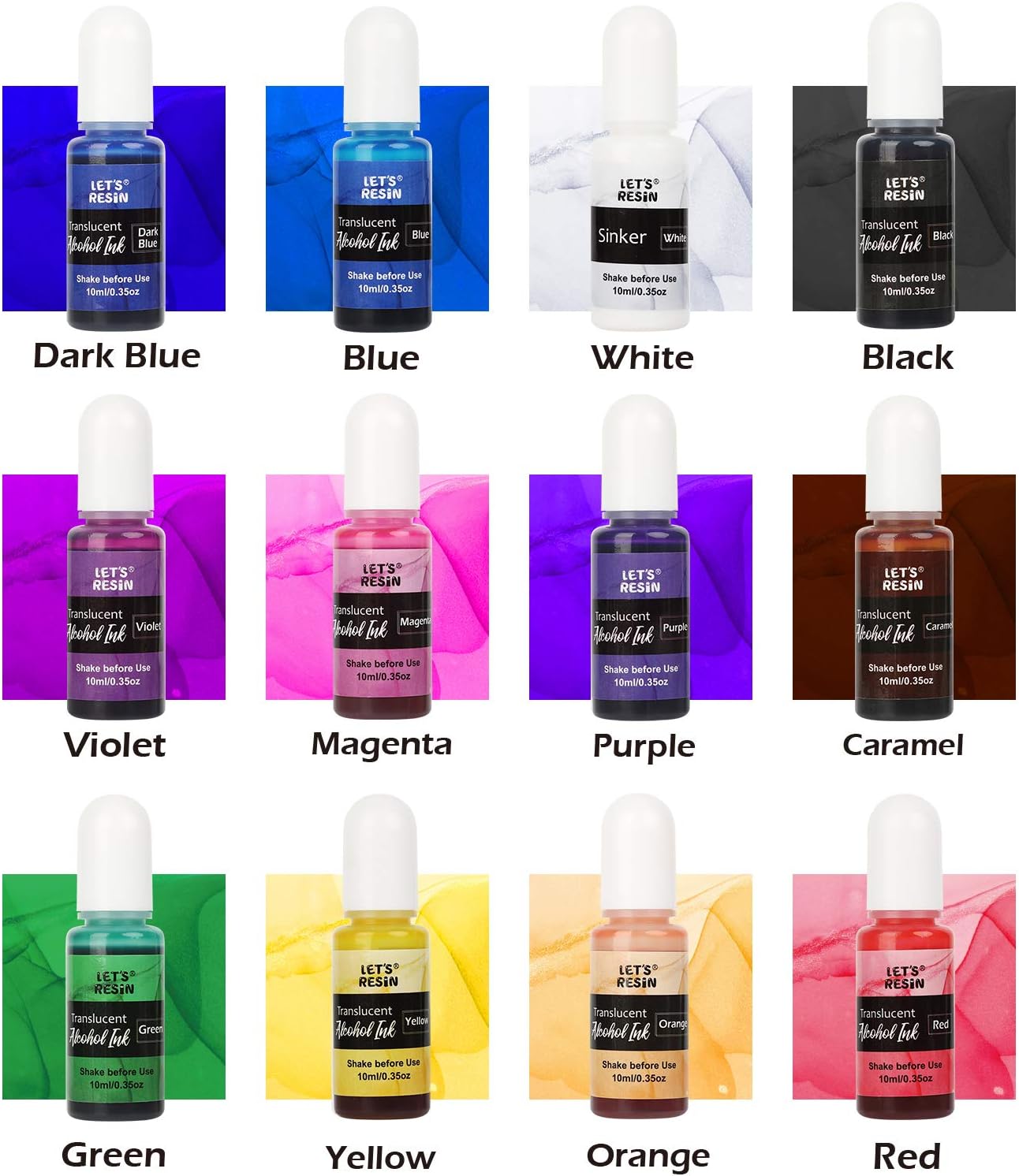 LET'S RESIN Alcohol Ink - Translucent Alcohol Inks Set Each Bottle 0.35oz, New 12 Colors Alcohol-Based Resin Ink, Great for Resin Petri Dish, Tumbler Cups, Alcohol Ink Art, Epoxy Resin(Each 0.35oz)…