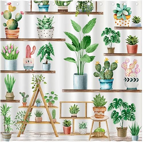 Juirnost Cortina de ducha de plantas verdes de granja, cortina de ducha bohemia con plantas en maceta para baño, cactus suculentas, decoración para