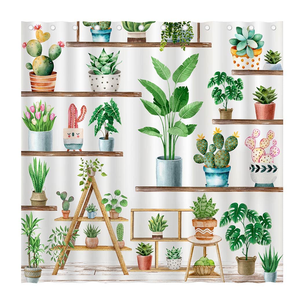 Juirnost Green Plant Farmhouse Shower Curtain Bohemian Potted Plant Shower Curtain for Bathroom Cactus Succulent Plant Bathtubs Decor for Bathroom