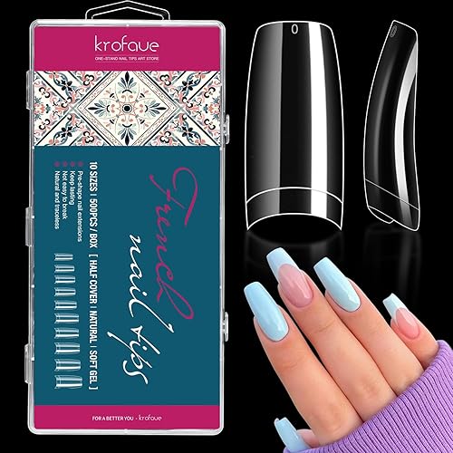 krofaue Puntas de uñas transparentes  500 puntas de uñas postizas de media cubierta, 10 tamaños, puntas de uñas francesas estilo francés, punta