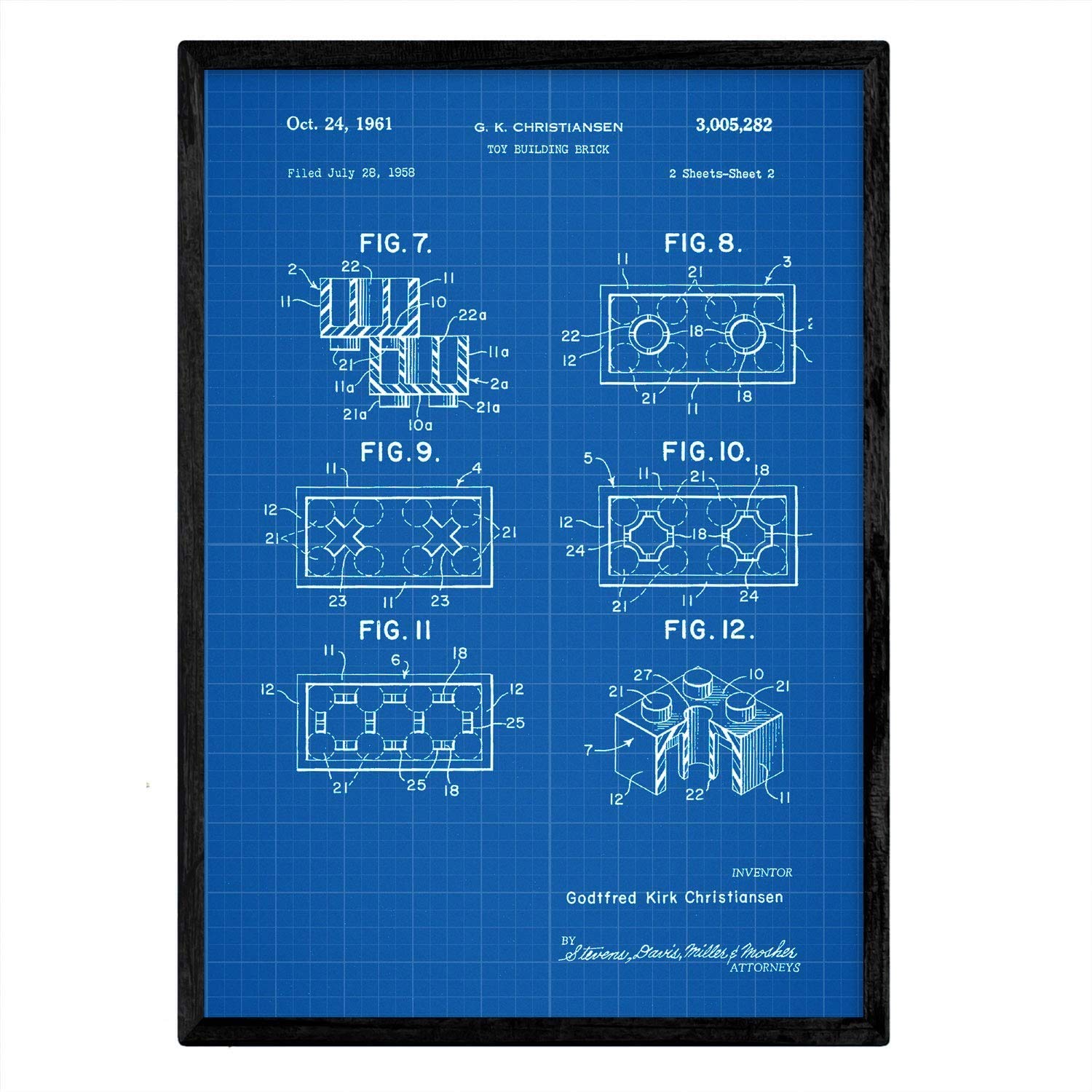 Nacnic Poster patent lego 2. Art pieces with old design patent in A3 size with blue background