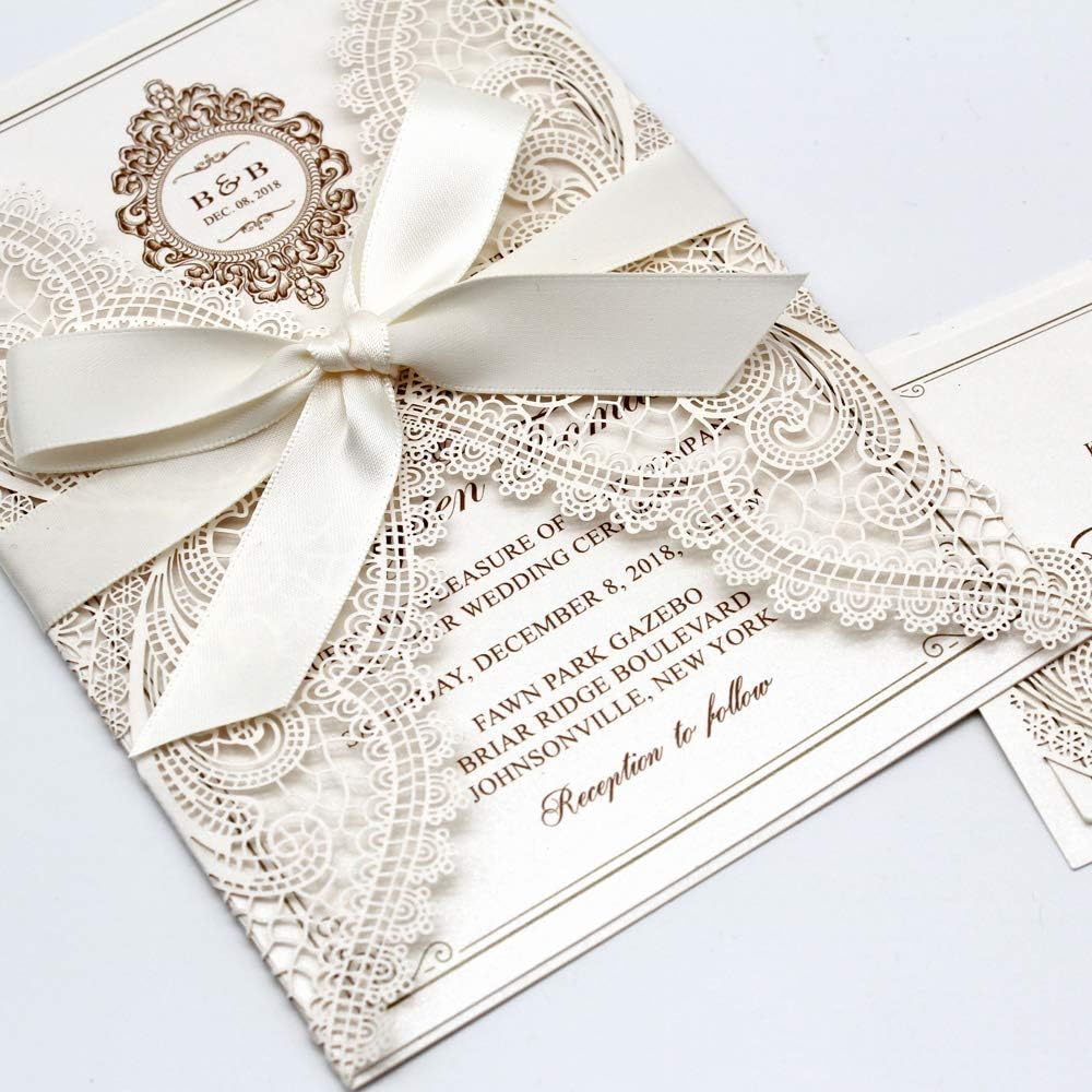 25-Pack Elegant Wedding Invitations Cards, Save the Date, Ivory Laser Cut Invitations with Ribbon Bow and Envelopes Blank Invitations - set of 25 pcs (Ivory Ribbon, Blank)