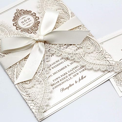 Miniatura 5 de Paquete de 25 elegantes tarjetas de invitaciones de boda, ahorra la fecha, invitaciones de corte láser marfil con lazo de cinta y sobres,