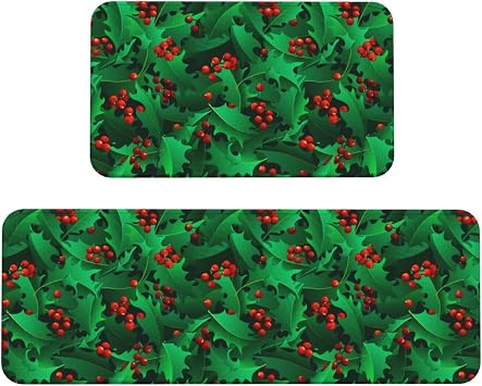 Christmas Holly Berries Kitchen Rugs Mats Floor Mat Non-Slip Door Mat Runner Rug Mat Bathroom Doormat for Home Bedroom Decor Set of 2 47.2x17 in & 29.5x17in