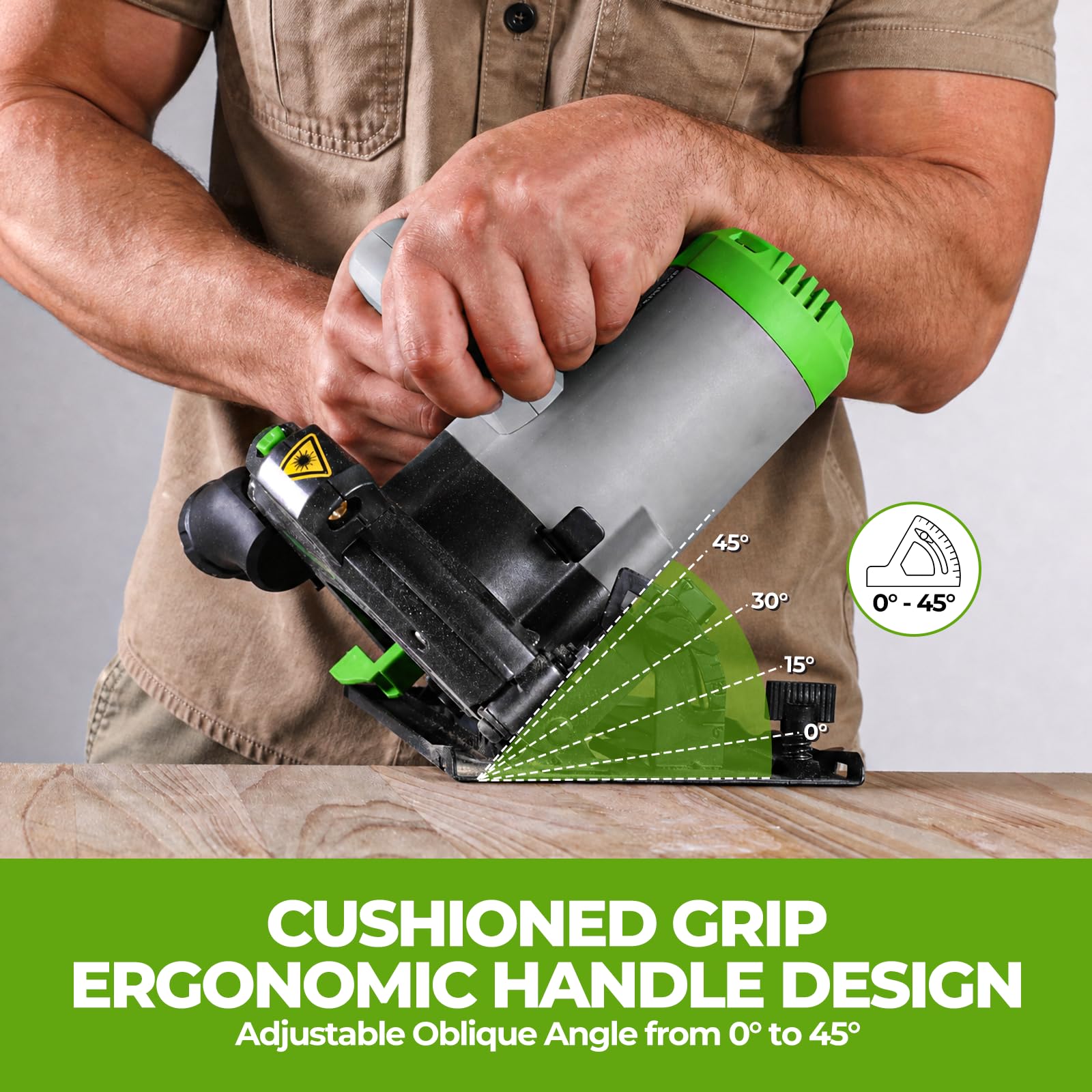 DESOON Sega Circolare da 1600 W con Guida Laser, Include Guida Parallela e 2 Lame da Seghetto (185 mm, 24T e 40T), 5500 Giri/min, Profondità di Taglio 65 mm (90°) e 43 mm (45°), per Taglio Legno