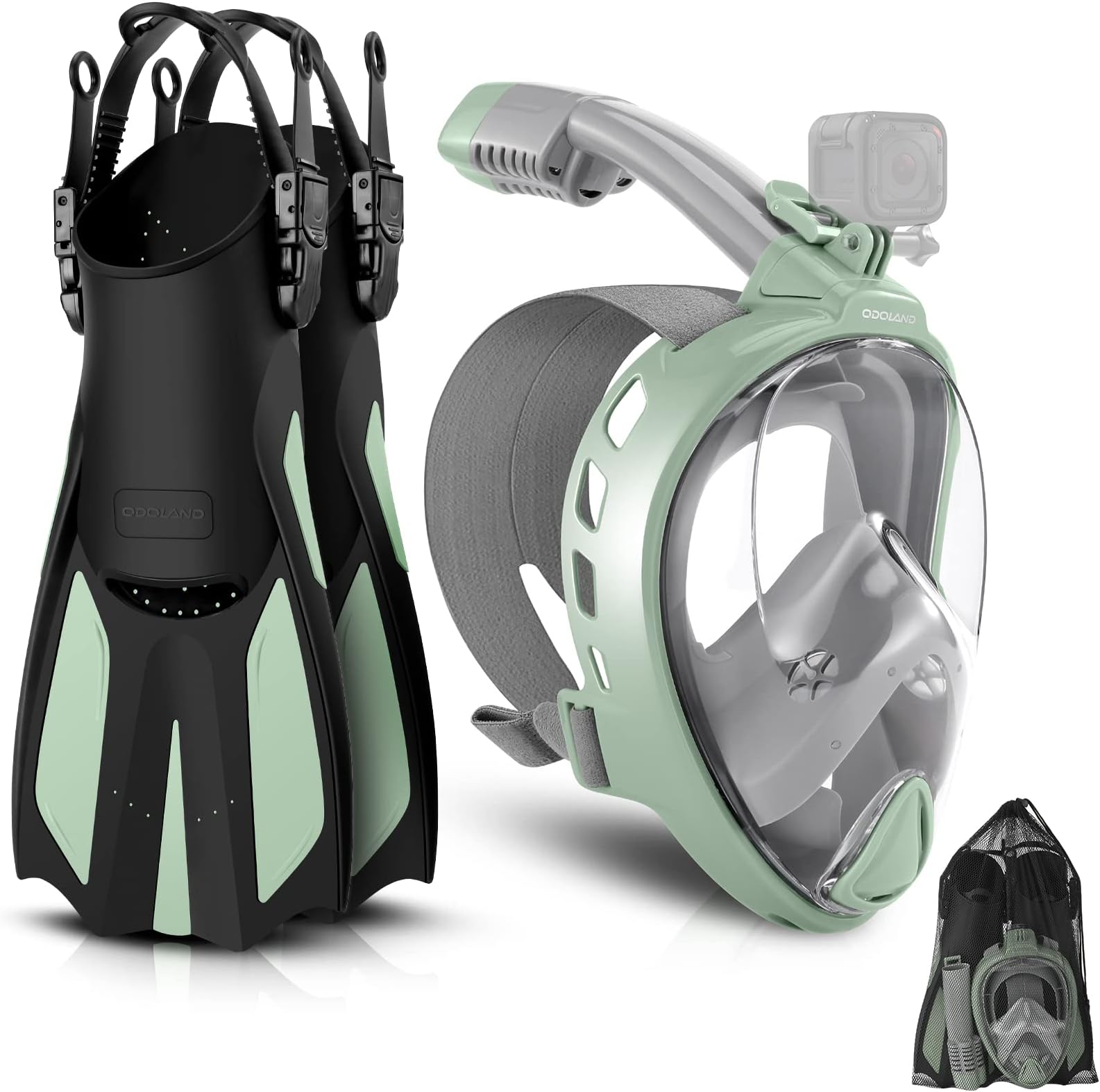 Odoland Snorkeling Packages for Adults & Youth, Full Face Snorkel Mask with Camera Mount, Adjustable Swim Fins, Mesh Bag, Anti-Fog Anti-Leak Scuba Diving Gear for Men & Women