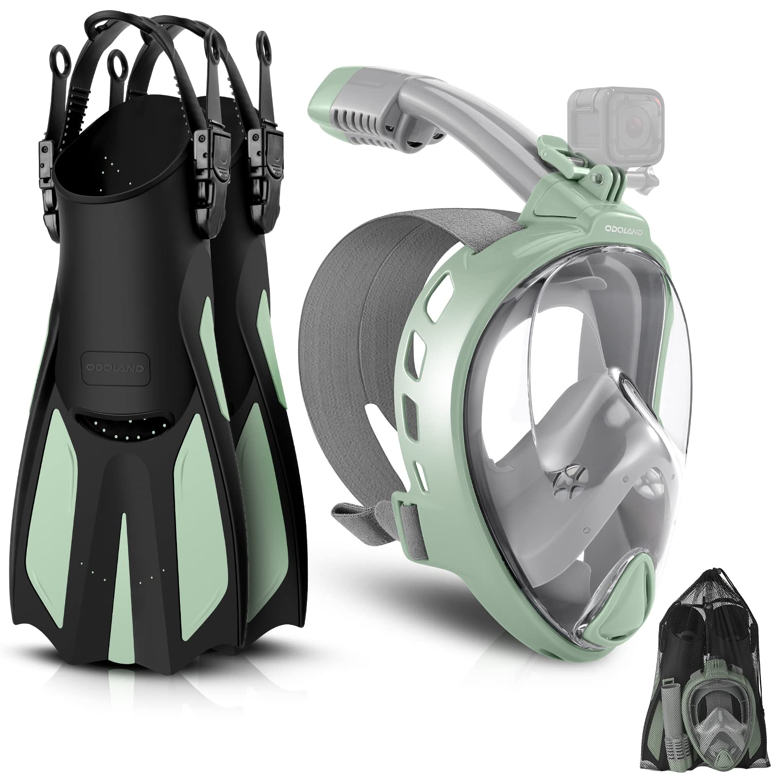 Odoland Snorkeling Packages for Adults & Youth, Full Face Snorkel Mask with Camera Mount, Adjustable Swim Fins, Mesh Bag, Anti-Fog Anti-Leak Scuba Diving Gear for Men & Women