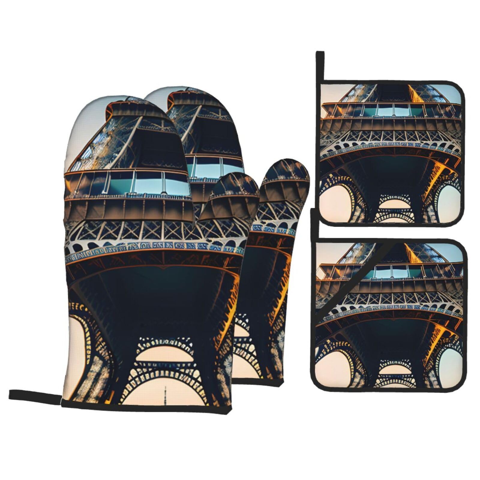 Paris Eiffel Tower Picture Print 4-Piece Oven Microwaving Set Kitchen Gloves for Holiday Cooking Baking Grilling