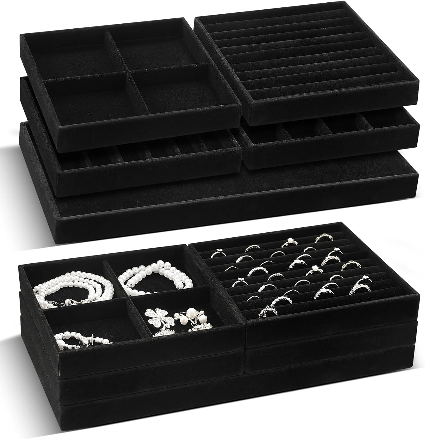 Set of 10 Stackable Jewelry Organizer Trays for Drawer 14 Inch Velvet Jewelry Drawer Insert Display Storage with Removable Divider for Necklace Earring Ring Watch Bracelet (Gray)