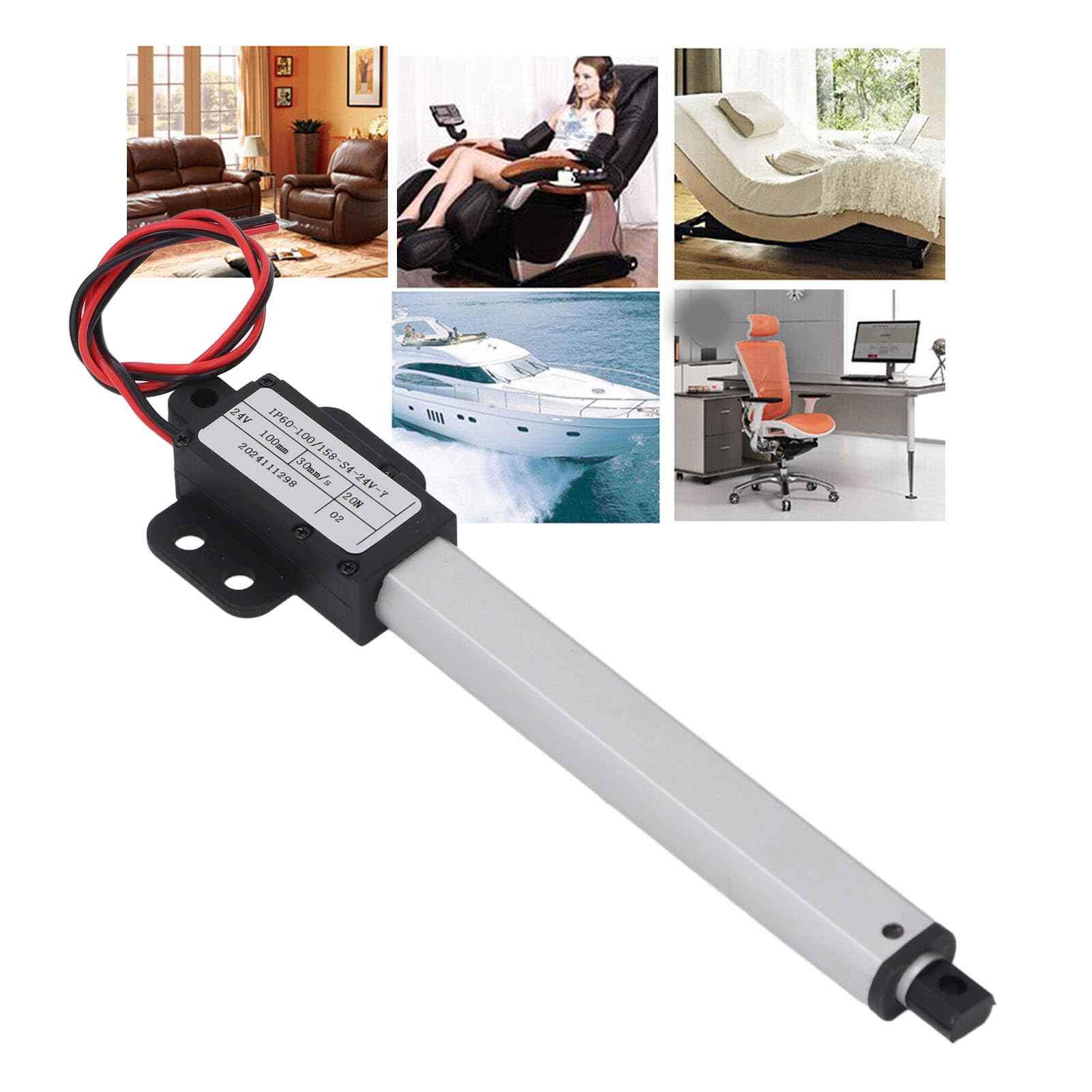 Ausla Actionneur Linéaire Électrique, 24V, 20N, Course 100mm, Vitesse 30mm/s, Aluminium et ABS, Protection IPX4