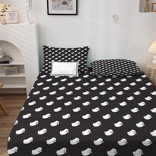 Miniatura 152 de Sábanas de murciélago tamaño individual – Juego de sábanas de Halloween para niños y niñas, juego de sábanas en blanco y negro, microfibra suave