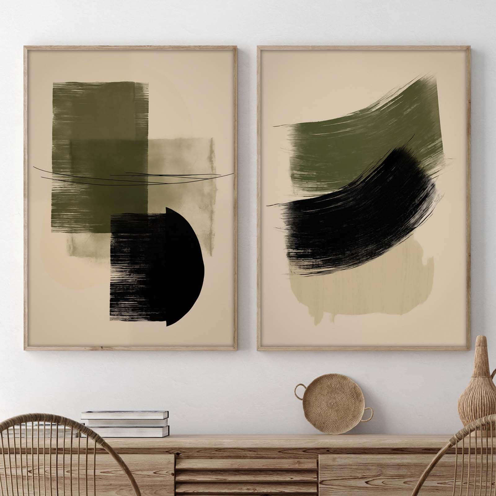 Ecyanlv Dark Green Abstract Wall Art Abstract Geometric Art Print Black Green Beige Boho Wall Art Neutral Painting Minimalist Posters Brush Strokes
