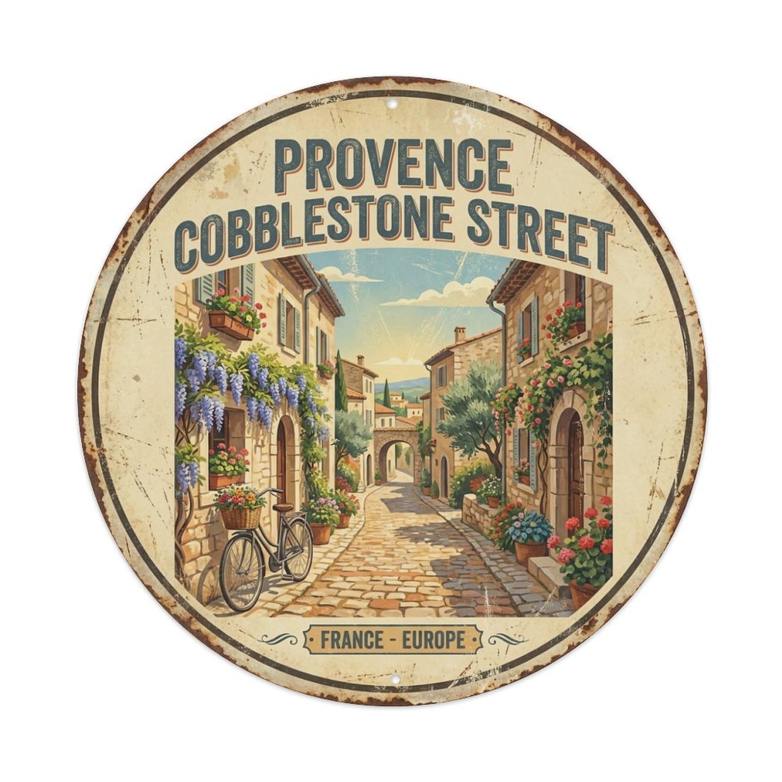 Cobblestone Street Nature Travel Provence France Metal Tin Sign