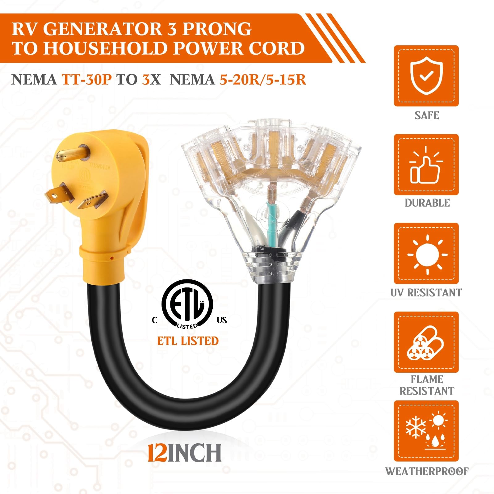 Rv Extension Cord 30 Amp To 110V RV Adapter Cord – TT-30P To 3x 5-15 ...