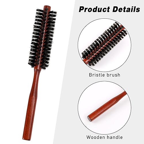 Miniatura 3 de Cepillo de pelo redondo pequeño para cabello fino o corto, cepillo de pelo de cerdas de jabalí natural con mango de madera, mini cepillo