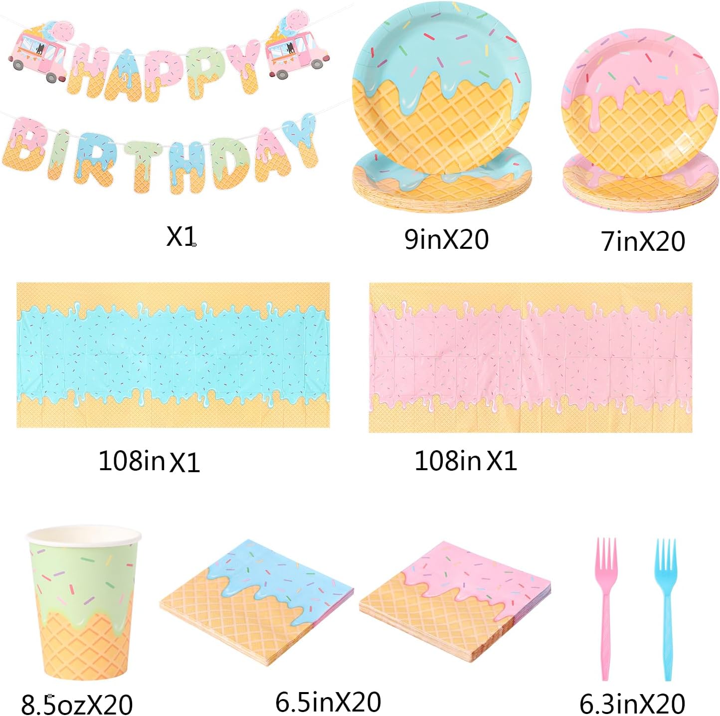 Ice Cream Party Supplies Kit Serve 20, Paper Dinner Plates, Dessert Plates, Napkins, Cups, Forks, Tablecloth & Banner for kids Ice Cream Birthday Party Baby Shower Decorations