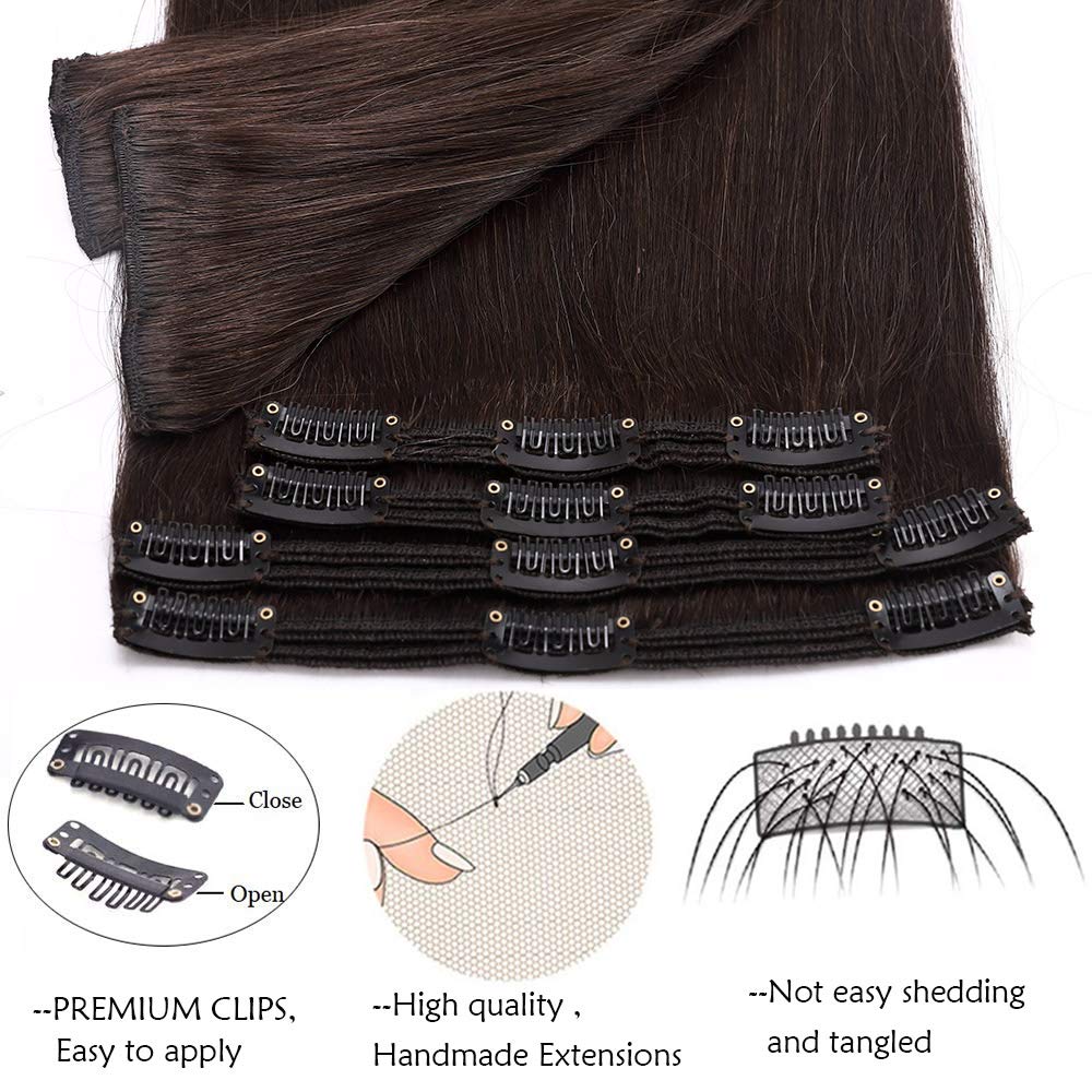 SEGO Extension Capelli Veri Clip Castano Lisci Volumizzante Double Weft 8 Fasce 100% Remy Human Hair Lunghi Umani 30cm 115g Testa Piena #2 Marrone Scuro