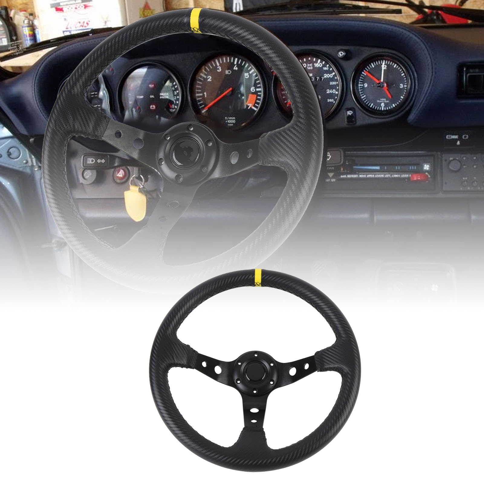 Greensen 14In Volante Per Drifting, Volante Auto Universale In Pelle Pu Con Telaio In Alluminio E Viti Di Montaggio, Adattatore A 6 Fori (Giallo)