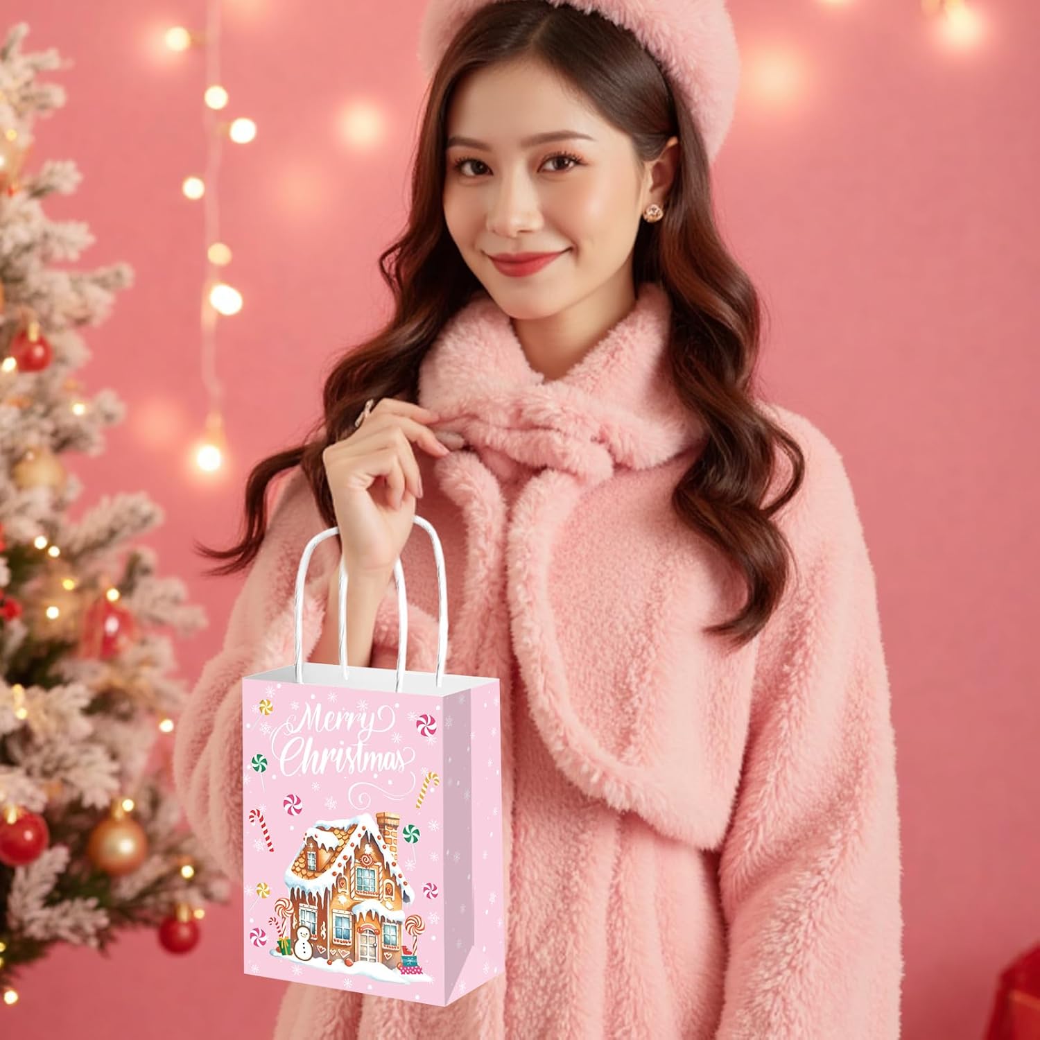 Qpout 12Pcs Pink Christmas Party Favors Bags,Gingerbread House Gift Bags with Handle Paper Snack Goodie Candy Treat Bags for Xmas Holiday Gift Wrapping Baby Shower - Image 7