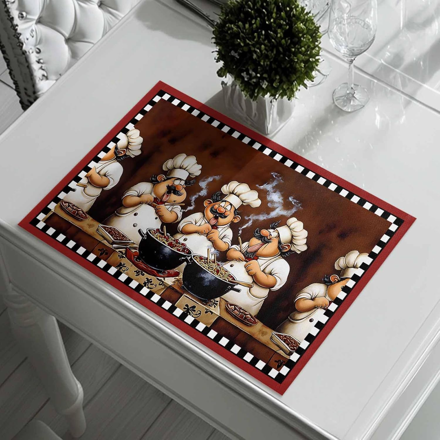 Funny Chefs Placemats Set of 6, Cooking Scene Non-Skid Place Mats, Holiday Table Mats, Washable Stain-Resistance Tablemats for Party/Dining Room/Kitchen Decorations