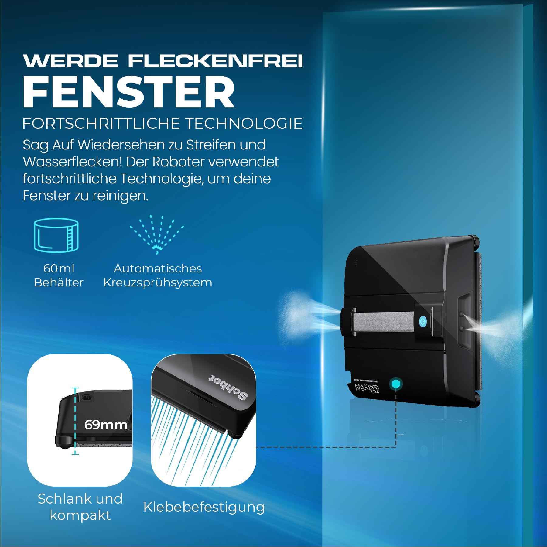 Wind X3 Fensterputzroboter mit Sprühfunktion, Intelligenter Fensterroboter für Innen- und Außenbereich, Elektrischer Fensterreiniger mit 3500 Pa Saugkraft, 60 ml Wassertank, KI-Navigation