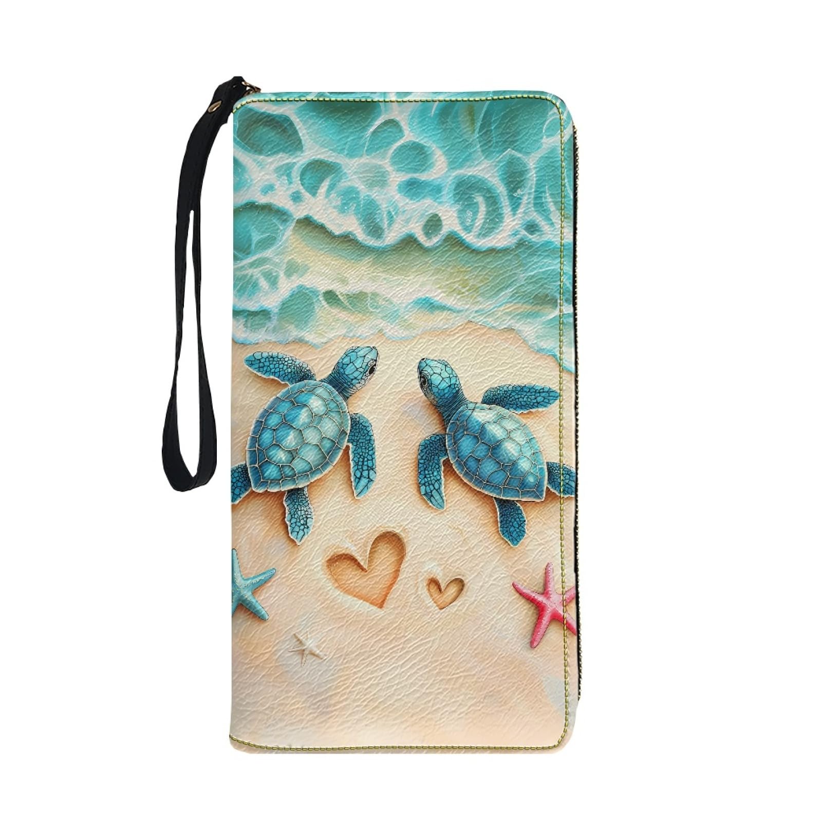 Bulopur Beach Sea Turtle Wallets with Wristlet for Women Envelope Long Wallets Zip Around Small Handbags PU Leather Travel Wallet Passport Holder for Ladies