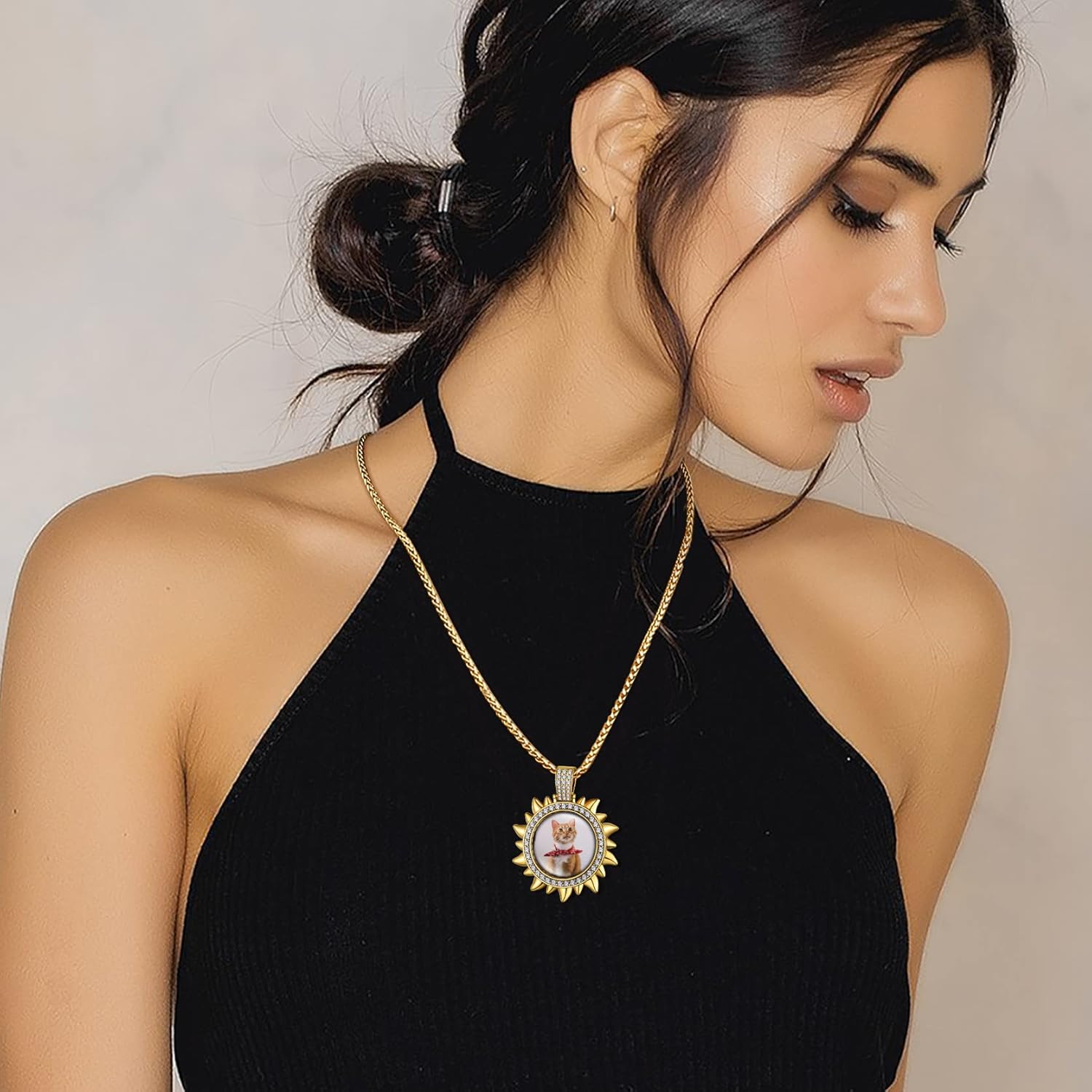 GoldChic Jewelry Personalized Photo Necklace Hip Hop Iced Zircon Medallion Pendant for Men Women, CZ Customized Picture Round/Heart/Square Memory Jewelry Chain Length 18-30 inches