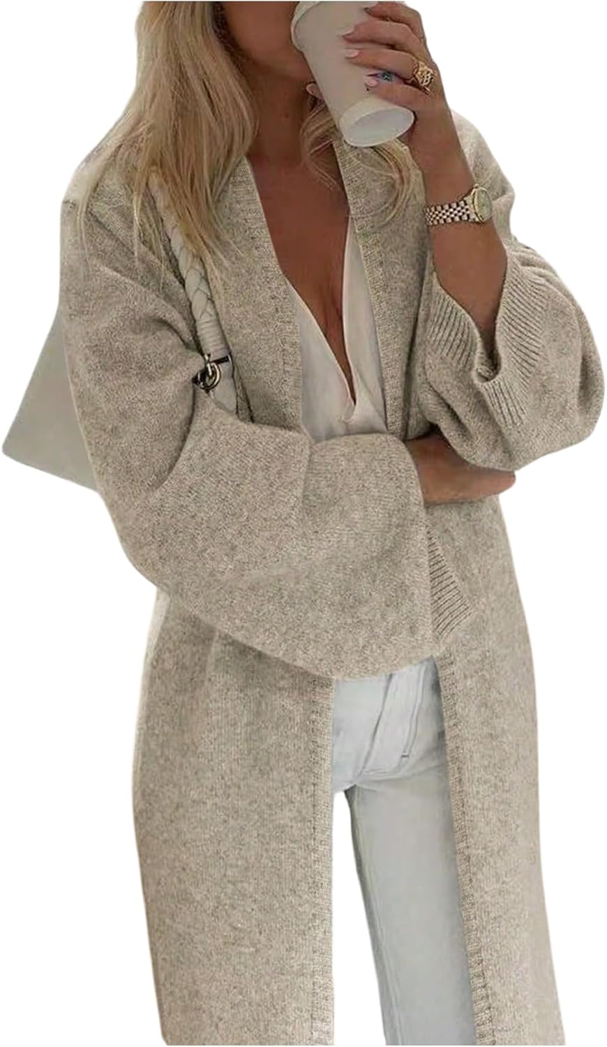 WDIRARA Women's Open Front Cardigan Sweaters Long Sleeve Chunky Knit Outerwear